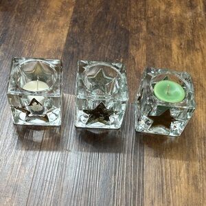🌟 Vintage Glass Cube Candle Holders with Star Indentations Set of 3